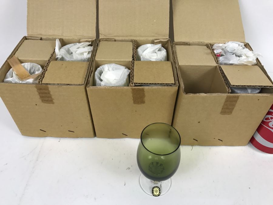 Huge Collection Of New In Box SASAKI Hand Crafted Japanese Green Art Glass Stemware And Glassware ~ 16 Boxes ~ 73 Glasses  - See All Photos [Photo 6]