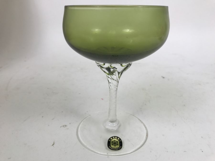 Huge Collection Of New In Box SASAKI Hand Crafted Japanese Green Art Glass Stemware And Glassware ~ 16 Boxes ~ 73 Glasses  - See All Photos [Photo 14]