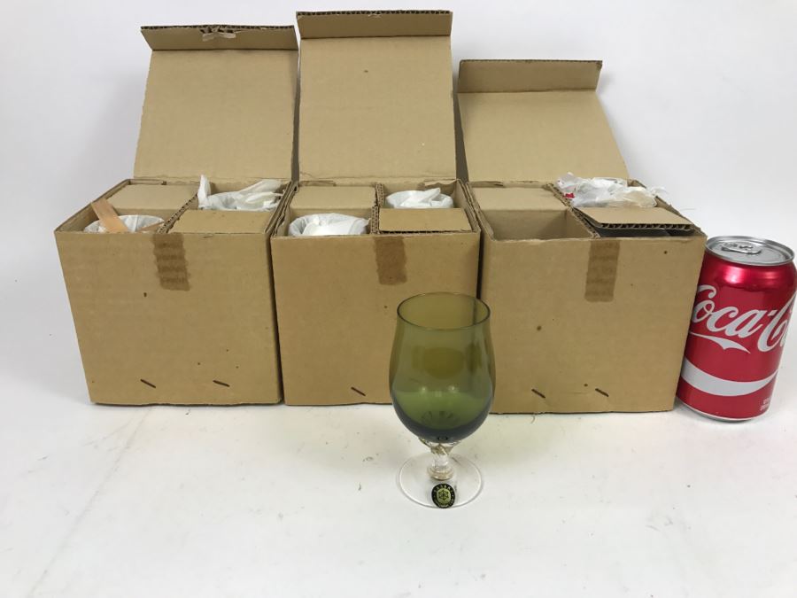 Huge Collection Of New In Box SASAKI Hand Crafted Japanese Green Art Glass Stemware And Glassware ~ 16 Boxes ~ 73 Glasses  - See All Photos [Photo 36]
