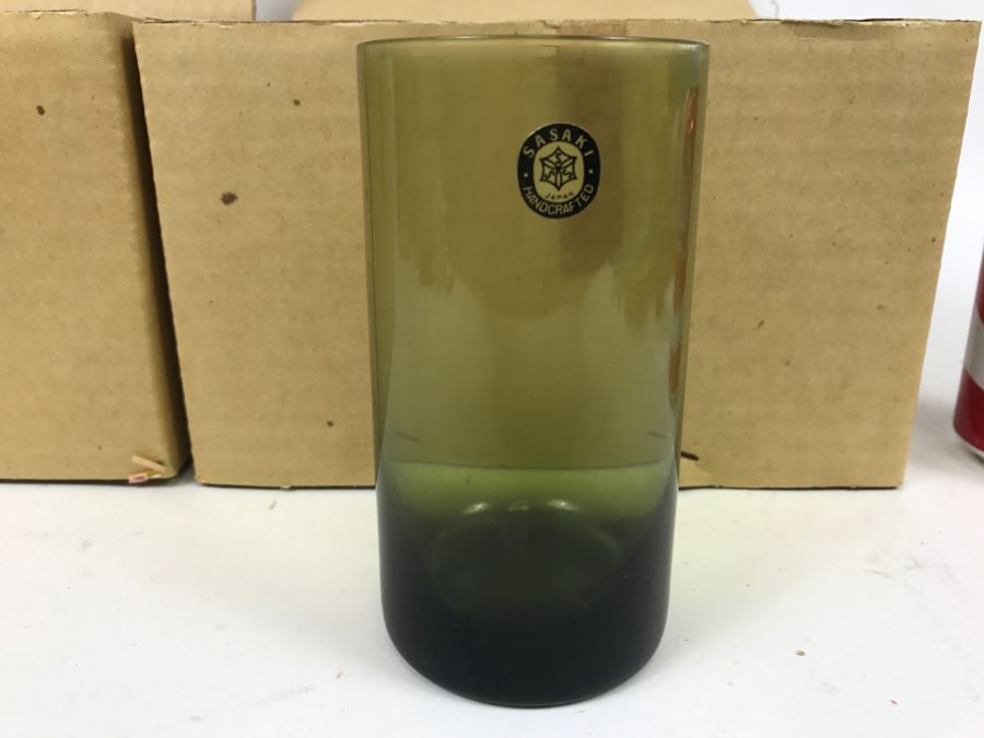 Huge Collection Of New In Box SASAKI Hand Crafted Japanese Green Art Glass Stemware And Glassware ~ 16 Boxes ~ 73 Glasses  - See All Photos [Photo 25]