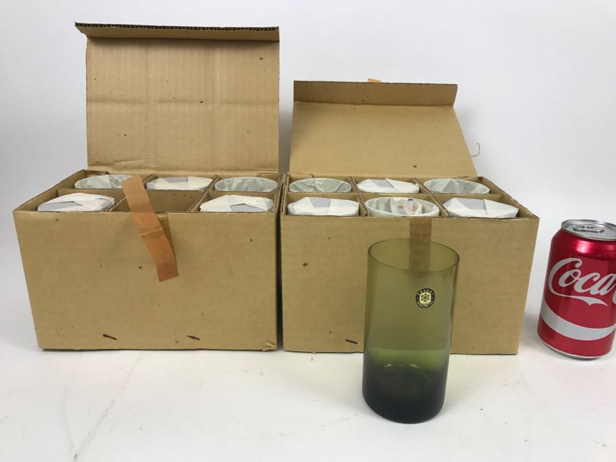 Huge Collection Of New In Box SASAKI Hand Crafted Japanese Green Art Glass Stemware And Glassware ~ 16 Boxes ~ 73 Glasses  - See All Photos [Photo 23]