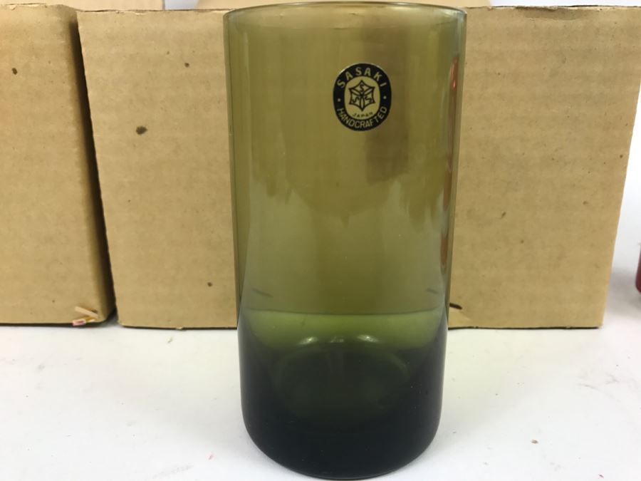 Huge Collection Of New In Box SASAKI Hand Crafted Japanese Green Art Glass Stemware And Glassware ~ 16 Boxes ~ 73 Glasses  - See All Photos [Photo 24]