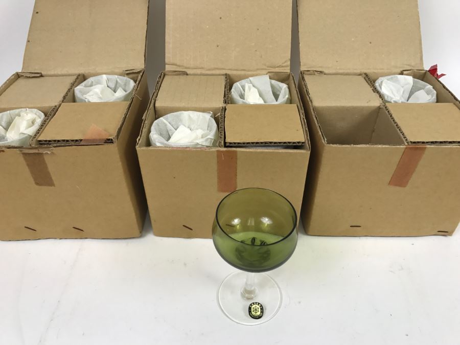Huge Collection Of New In Box SASAKI Hand Crafted Japanese Green Art Glass Stemware And Glassware ~ 16 Boxes ~ 73 Glasses  - See All Photos [Photo 8]