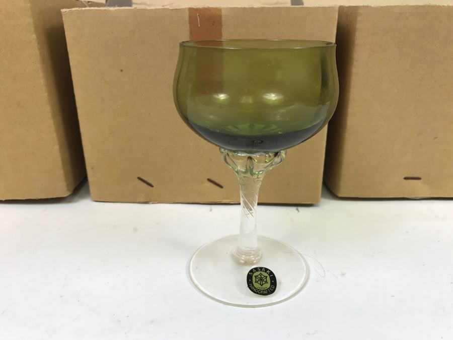 Huge Collection Of New In Box SASAKI Hand Crafted Japanese Green Art Glass Stemware And Glassware ~ 16 Boxes ~ 73 Glasses  - See All Photos [Photo 3]