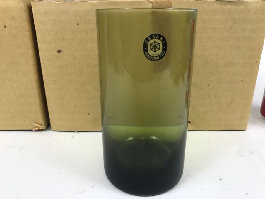 Huge Collection Of New In Box SASAKI Hand Crafted Japanese Green Art Glass Stemware And Glassware ~ 16 Boxes ~ 73 Glasses  - See All Photos [Photo 27]