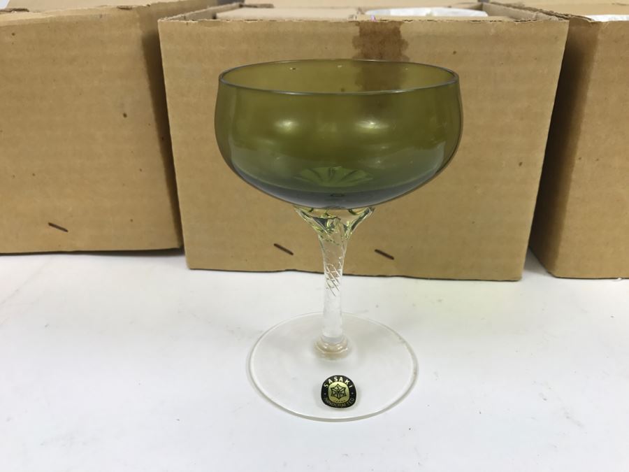 Huge Collection Of New In Box SASAKI Hand Crafted Japanese Green Art Glass Stemware And Glassware ~ 16 Boxes ~ 73 Glasses  - See All Photos [Photo 13]