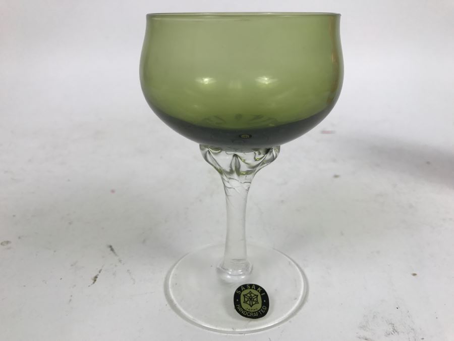 Huge Collection Of New In Box SASAKI Hand Crafted Japanese Green Art Glass Stemware And Glassware ~ 16 Boxes ~ 73 Glasses  - See All Photos [Photo 9]