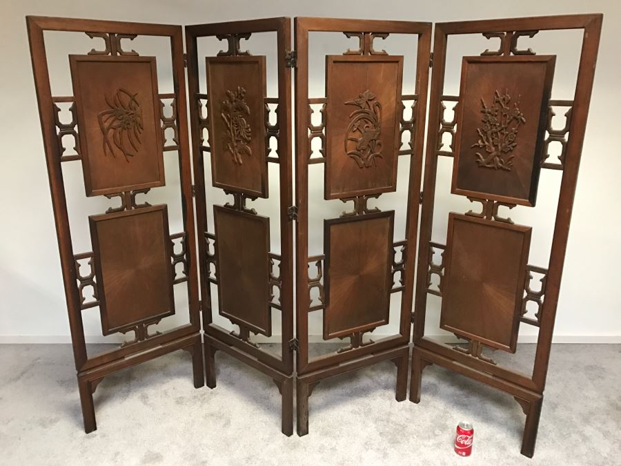 Stunning Heavy 4-Panel Carved Rosewood Screen With Floral Motif And Sunburst Patterns [Photo 3]