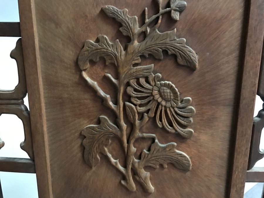 Stunning Heavy 4-Panel Carved Rosewood Screen With Floral Motif And Sunburst Patterns [Photo 20]