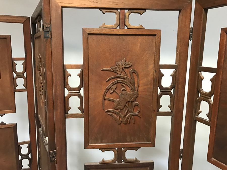 Stunning Heavy 4-Panel Carved Rosewood Screen With Floral Motif And Sunburst Patterns [Photo 15]