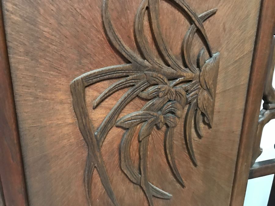 Stunning Heavy 4-Panel Carved Rosewood Screen With Floral Motif And Sunburst Patterns [Photo 23]