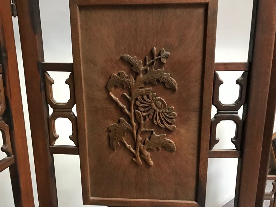 Stunning Heavy 4-Panel Carved Rosewood Screen With Floral Motif And Sunburst Patterns [Photo 19]