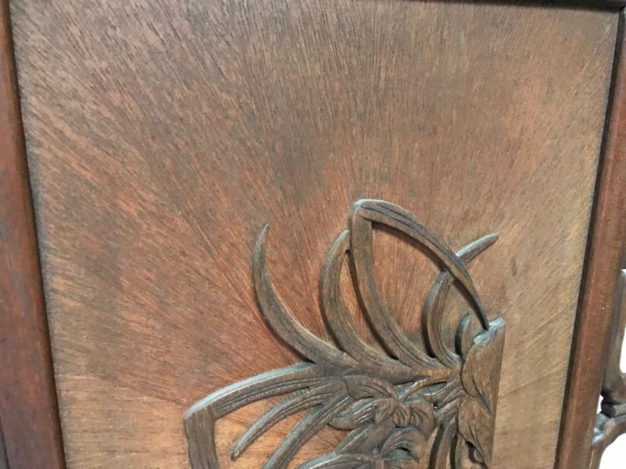 Stunning Heavy 4-Panel Carved Rosewood Screen With Floral Motif And Sunburst Patterns [Photo 24]