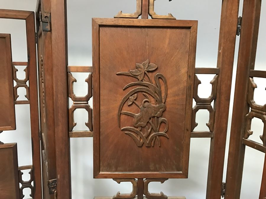 Stunning Heavy 4-Panel Carved Rosewood Screen With Floral Motif And Sunburst Patterns [Photo 14]