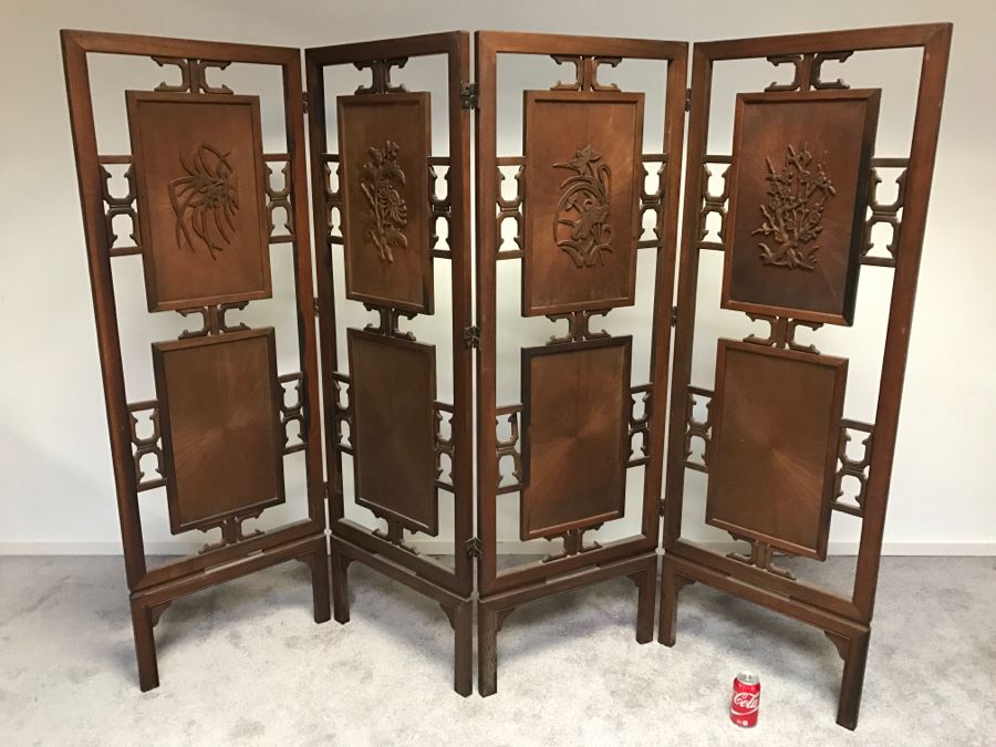 Stunning Heavy 4-Panel Carved Rosewood Screen With Floral Motif And Sunburst Patterns [Photo 2]