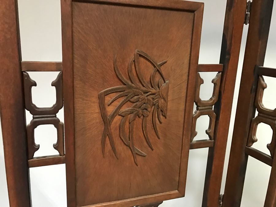 Stunning Heavy 4-Panel Carved Rosewood Screen With Floral Motif And Sunburst Patterns [Photo 22]