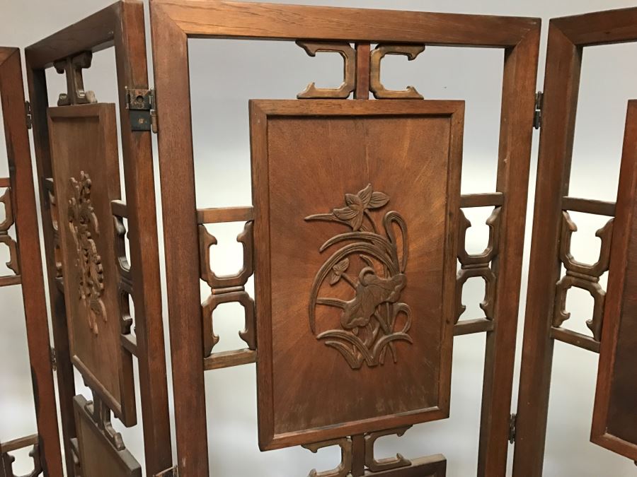 Stunning Heavy 4-Panel Carved Rosewood Screen With Floral Motif And Sunburst Patterns [Photo 12]
