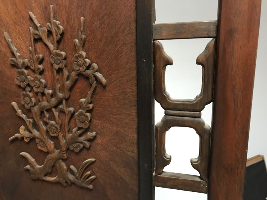 Stunning Heavy 4-Panel Carved Rosewood Screen With Floral Motif And Sunburst Patterns [Photo 10]