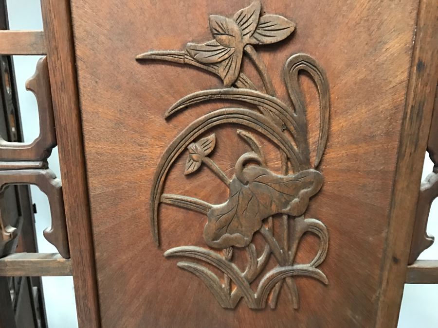 Stunning Heavy 4-Panel Carved Rosewood Screen With Floral Motif And Sunburst Patterns [Photo 17]