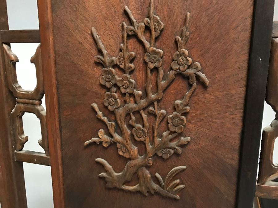 Stunning Heavy 4-Panel Carved Rosewood Screen With Floral Motif And Sunburst Patterns [Photo 6]