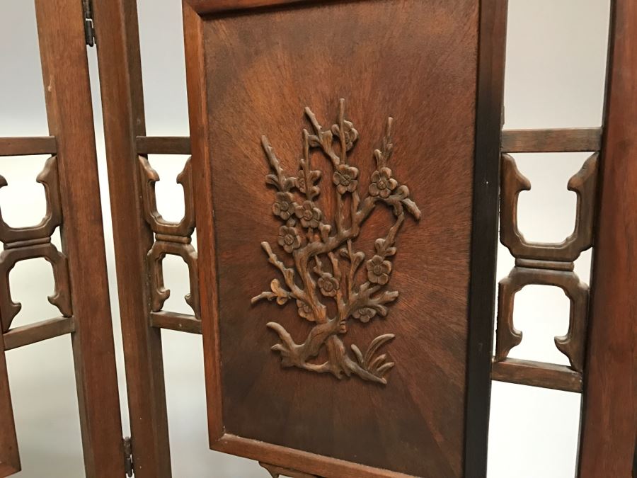 Stunning Heavy 4-Panel Carved Rosewood Screen With Floral Motif And Sunburst Patterns [Photo 5]