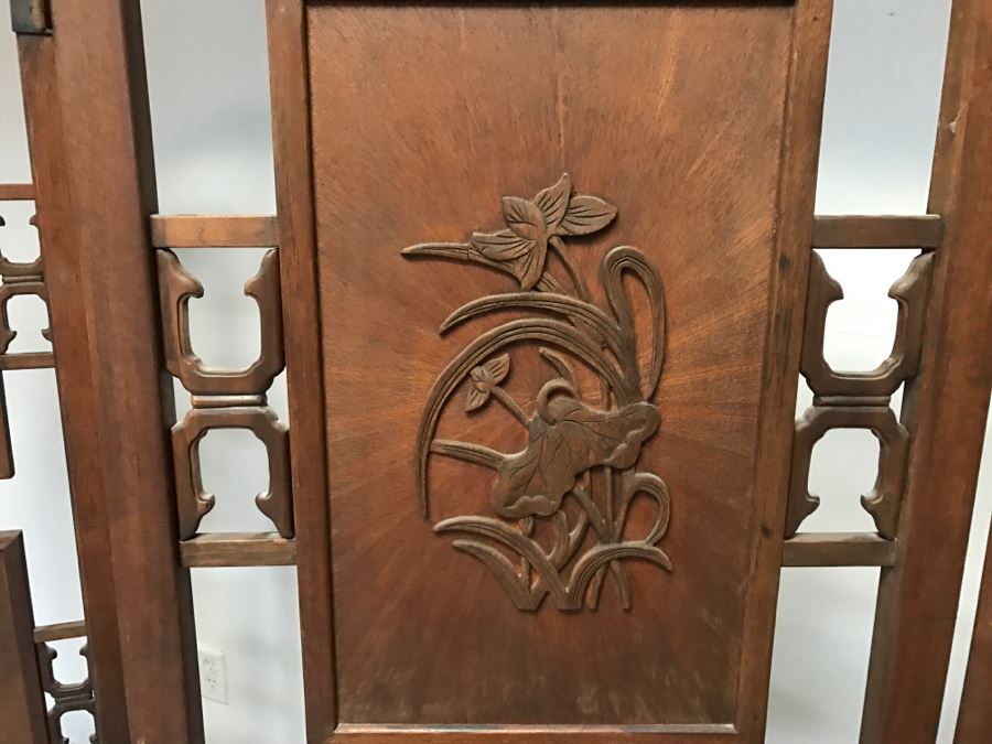 Stunning Heavy 4-Panel Carved Rosewood Screen With Floral Motif And Sunburst Patterns [Photo 16]