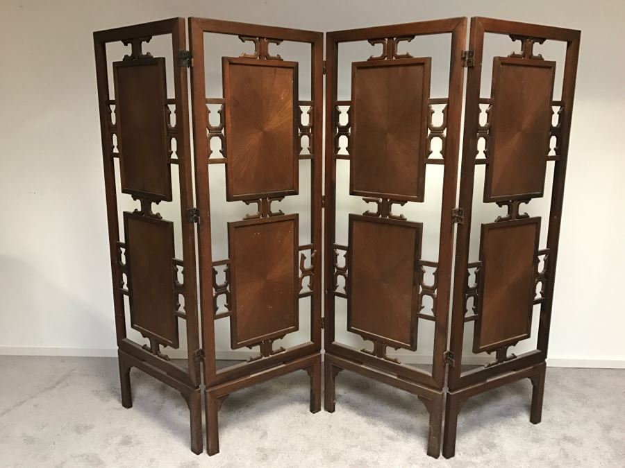 Stunning Heavy 4-Panel Carved Rosewood Screen With Floral Motif And Sunburst Patterns [Photo 30]