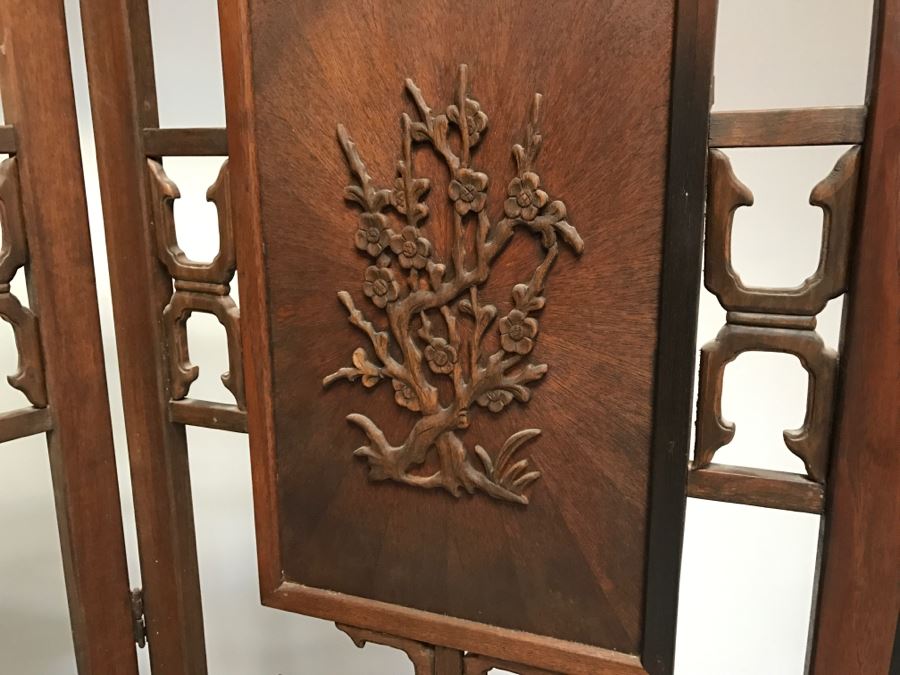 Stunning Heavy 4-Panel Carved Rosewood Screen With Floral Motif And Sunburst Patterns [Photo 4]