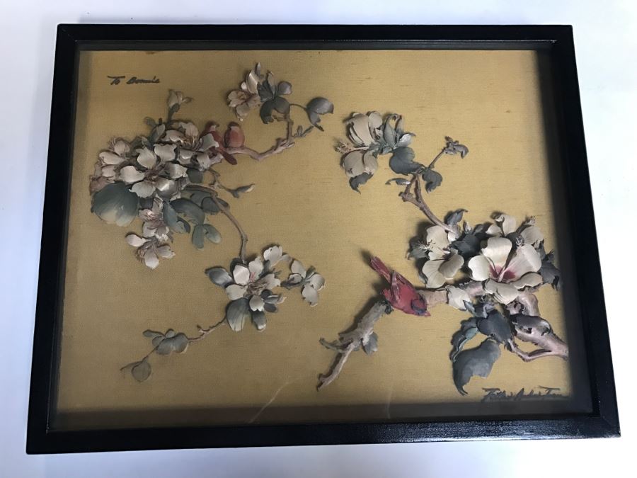 Signed Vintage Shadow Box Framed 3-D Original Artwork With Bird And Floral Motif [Photo 1]