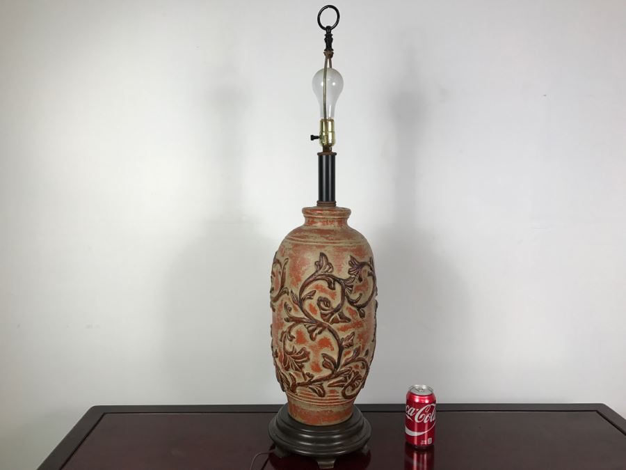 Heavy Vintage Ceramic Lamp On Wooden Base Without Shade
