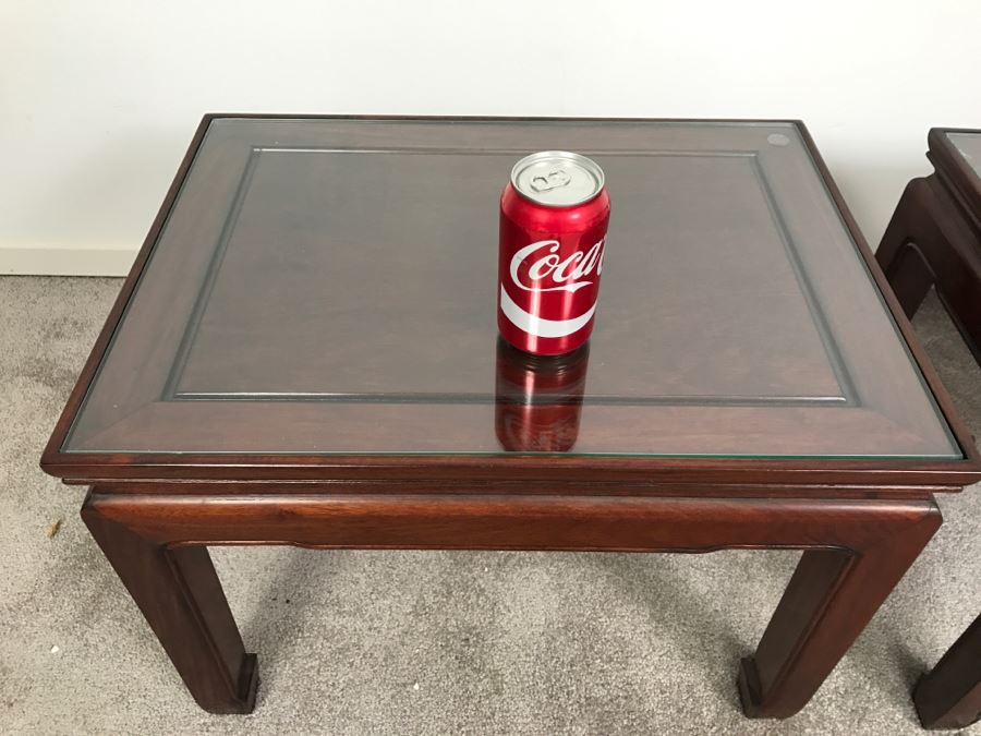 Pair Of Chinese Rosewood End Tables With Protective Glass On Top [Photo 5]