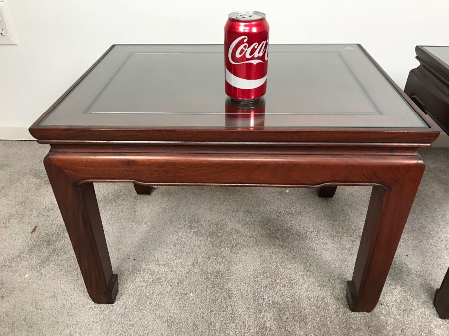 Pair Of Chinese Rosewood End Tables With Protective Glass On Top [Photo 4]
