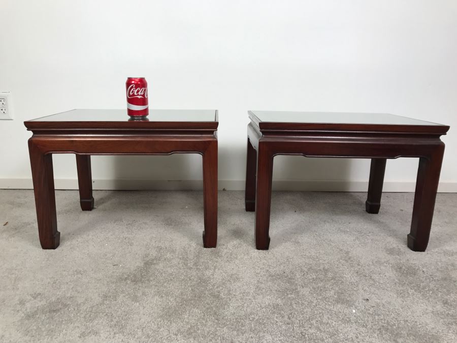 Pair Of Chinese Rosewood End Tables With Protective Glass On Top [Photo 2]