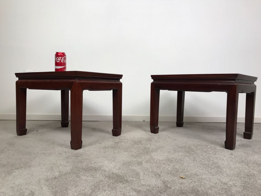Pair Of Chinese Rosewood End Tables With Protective Glass On Top [Photo 1]