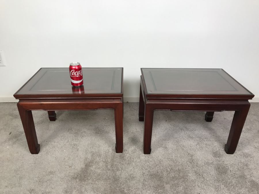 Pair Of Chinese Rosewood End Tables With Protective Glass On Top [Photo 3]