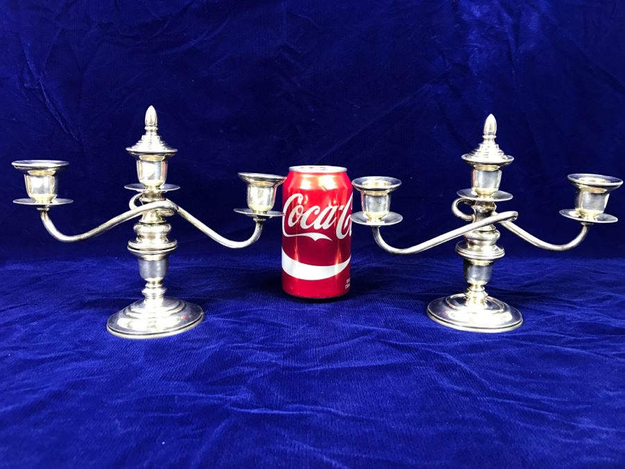 Pair Of Vintage Sterling Silver 950 Signed Japanese Candelabras - 627g Sterling Silver 950 Melt Value $308 - Note That One Candle Holder Needs Repair [Photo 1]