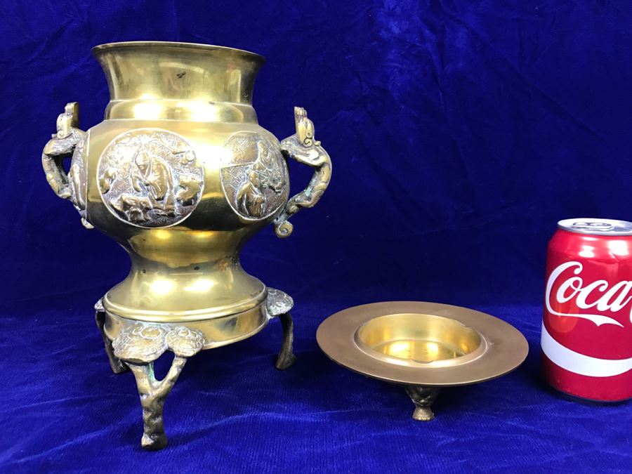Large Heavy Vintage Chinese Brass Footed Vessel And Brass Footed Ashtray [Photo 1]