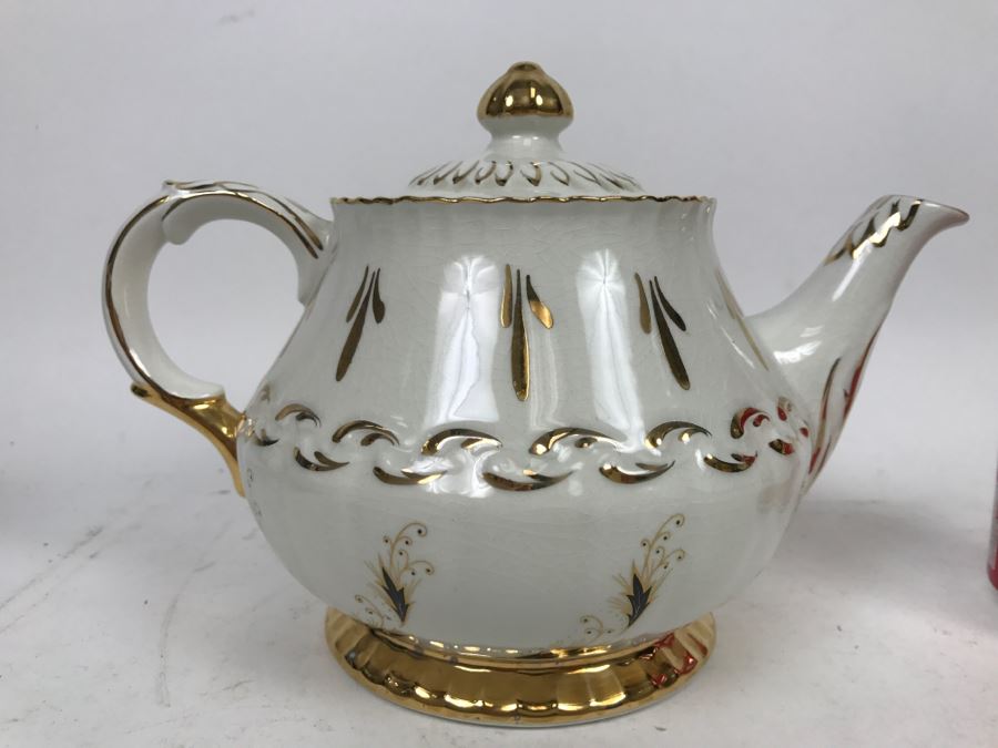 Vintage Ellgreave England Teapot White With Gold Painted Accents