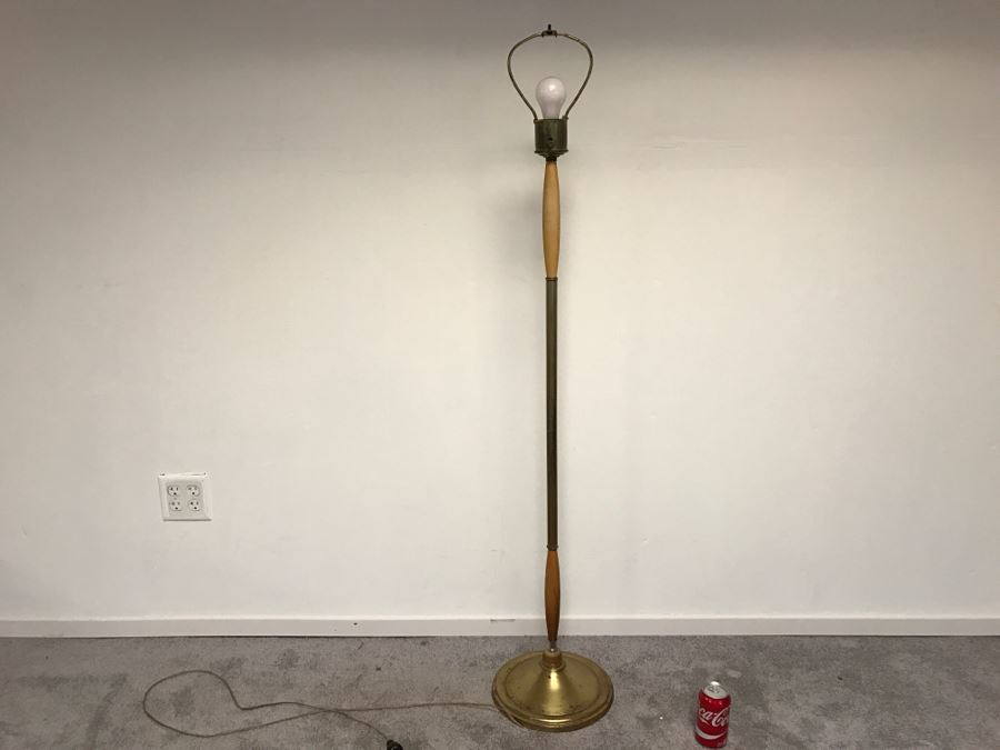 Mid-Century Modern Floor Lamp Wood And Brass