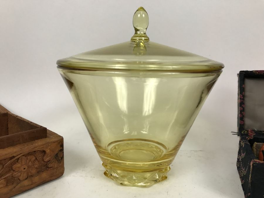 Carved Wooden Box, Art Glass Paperweight, Lidded Amber Glass Jar And Set Of Vintage Baoding Balls [Photo 8]