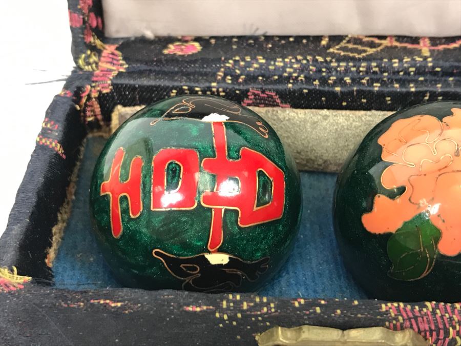 Carved Wooden Box, Art Glass Paperweight, Lidded Amber Glass Jar And Set Of Vintage Baoding Balls [Photo 15]