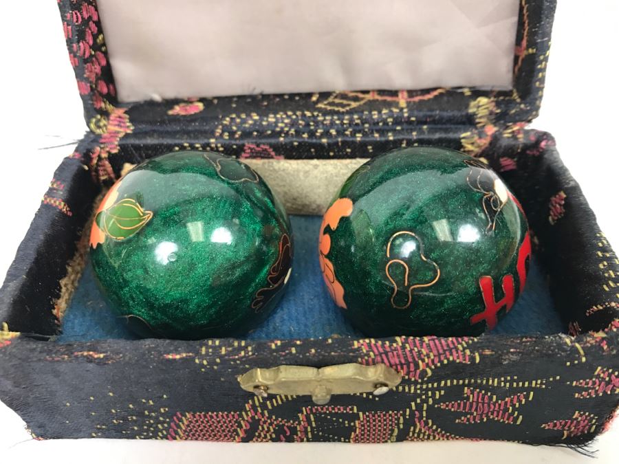 Carved Wooden Box, Art Glass Paperweight, Lidded Amber Glass Jar And Set Of Vintage Baoding Balls [Photo 11]