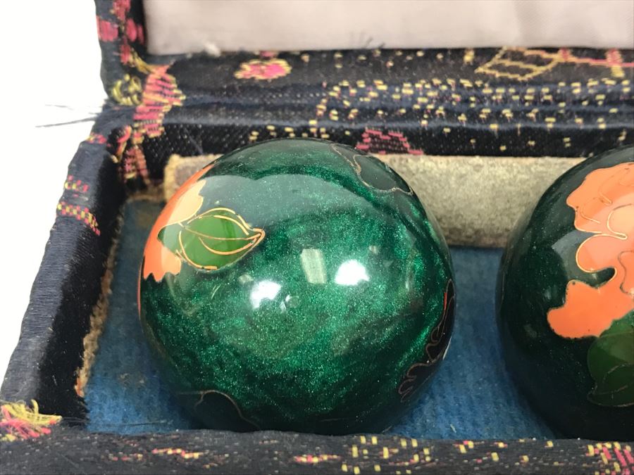 Carved Wooden Box, Art Glass Paperweight, Lidded Amber Glass Jar And Set Of Vintage Baoding Balls [Photo 14]