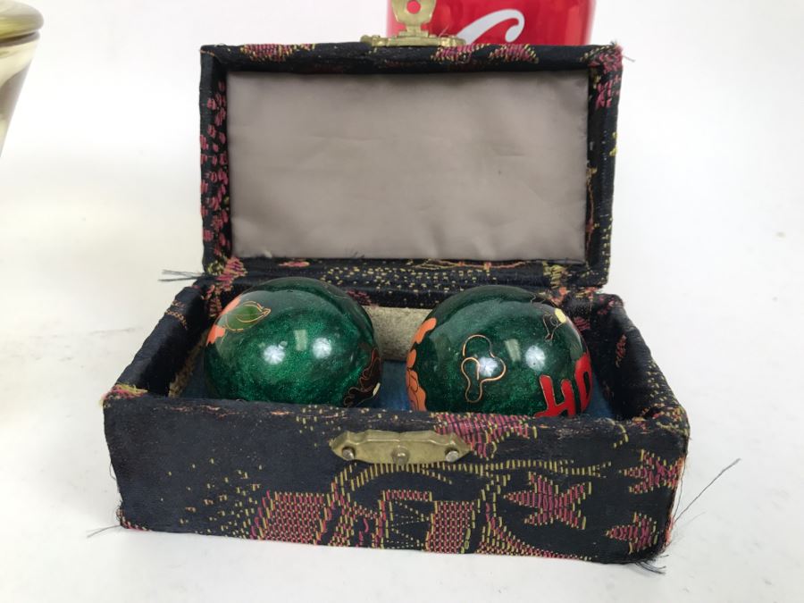 Carved Wooden Box, Art Glass Paperweight, Lidded Amber Glass Jar And Set Of Vintage Baoding Balls [Photo 10]