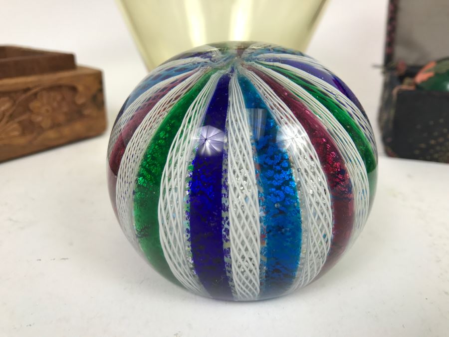 Carved Wooden Box, Art Glass Paperweight, Lidded Amber Glass Jar And Set Of Vintage Baoding Balls [Photo 5]