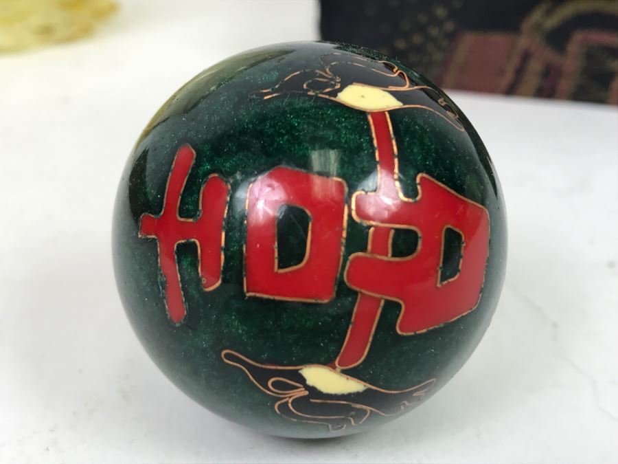 Carved Wooden Box, Art Glass Paperweight, Lidded Amber Glass Jar And Set Of Vintage Baoding Balls [Photo 13]