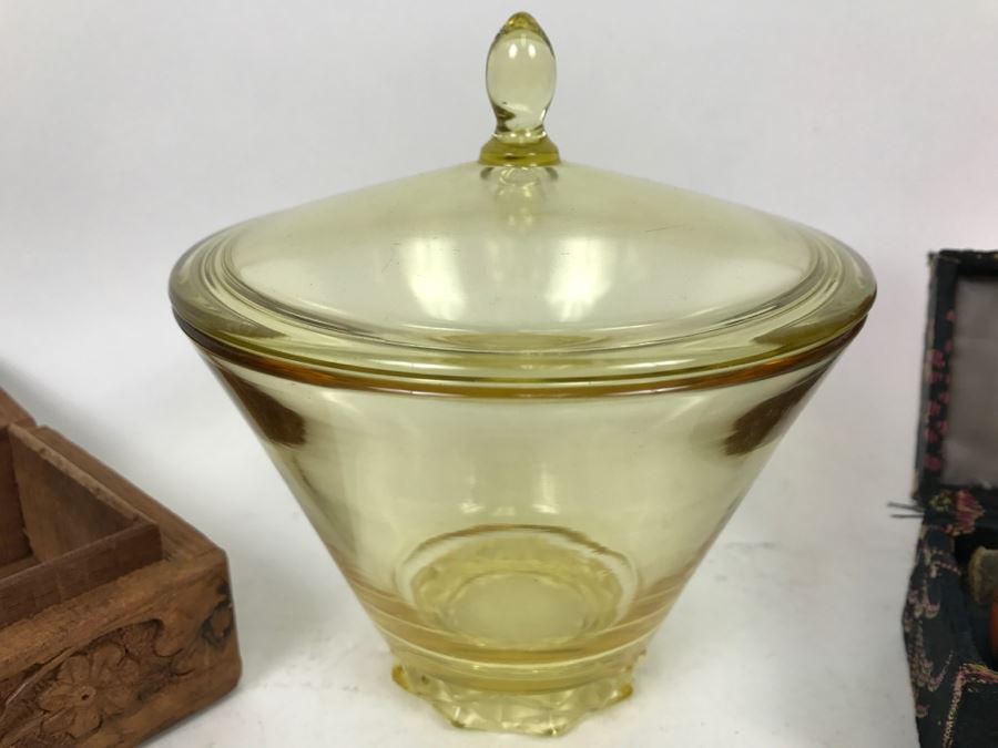 Carved Wooden Box, Art Glass Paperweight, Lidded Amber Glass Jar And Set Of Vintage Baoding Balls [Photo 9]