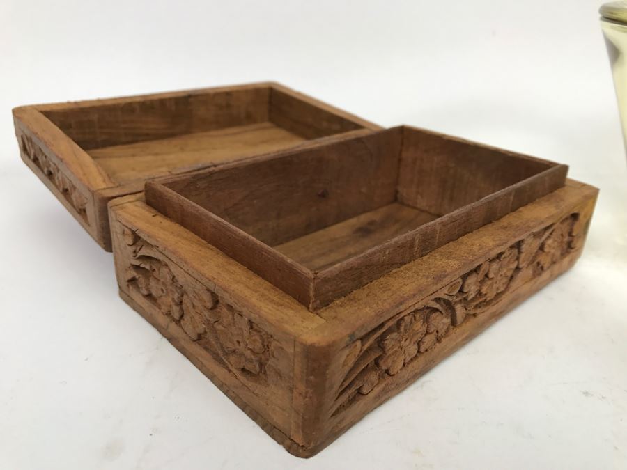 Carved Wooden Box, Art Glass Paperweight, Lidded Amber Glass Jar And Set Of Vintage Baoding Balls [Photo 4]