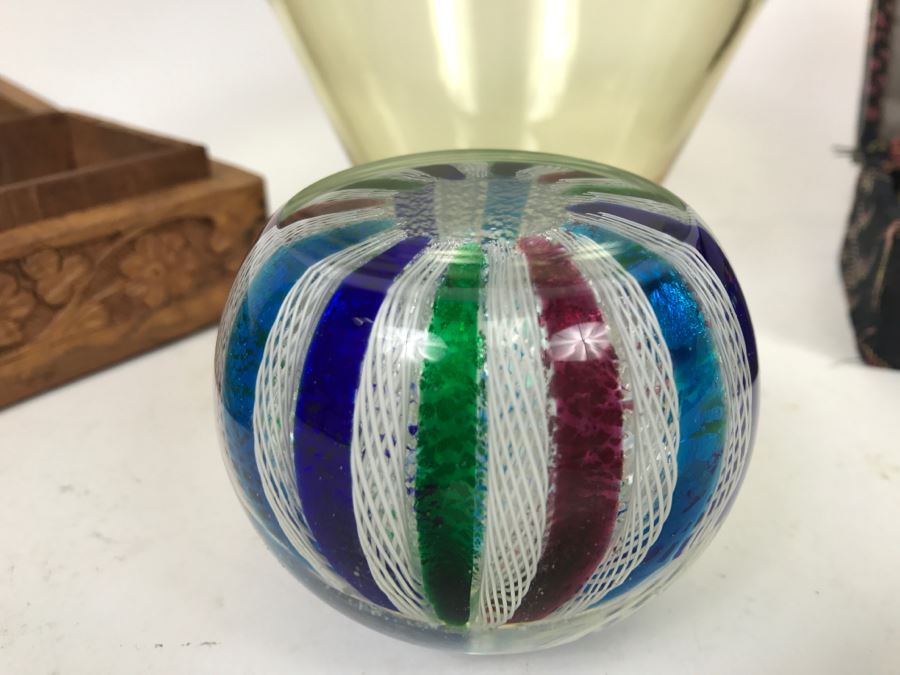 Carved Wooden Box, Art Glass Paperweight, Lidded Amber Glass Jar And Set Of Vintage Baoding Balls [Photo 7]