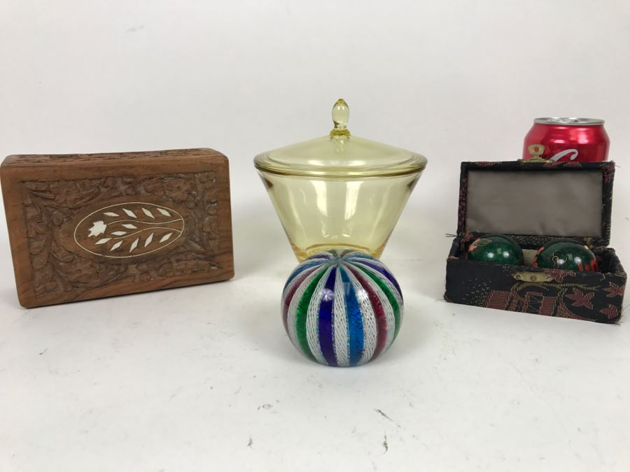 Carved Wooden Box, Art Glass Paperweight, Lidded Amber Glass Jar And Set Of Vintage Baoding Balls [Photo 1]